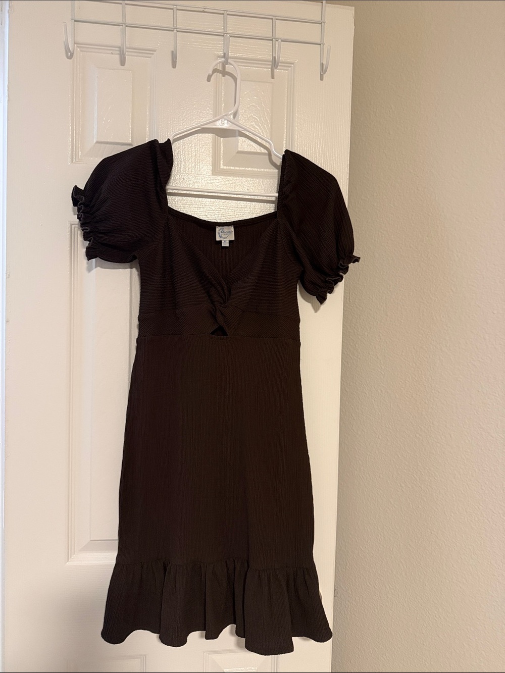 Francesca's Collections Brown Puff-Sleeve Ruffle Mini Dress